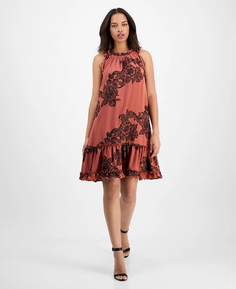 Robbie Bee Women's Printed Ruffle-Neck Sleeveless Mini Dress