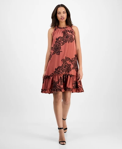 Robbie Bee Women's Printed Ruffle-Neck Sleeveless Mini Dress