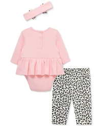 Little Me Baby Girls Cotton Leopard Headband, Bodysuit & Pants, 3 Piece Set