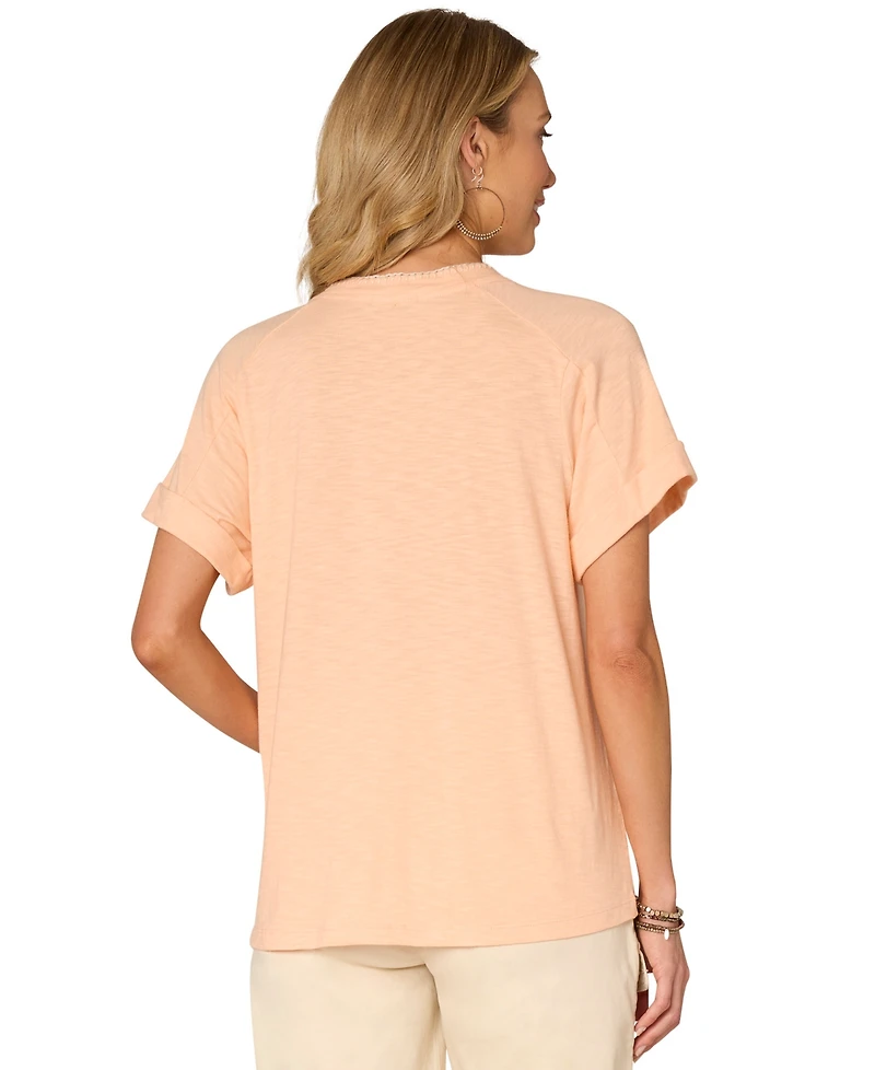 Democracy Petite Embroidered Roll-Cuff Scoop-Neck Top