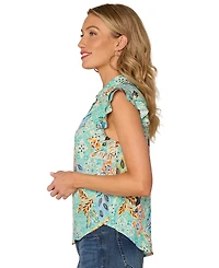 Democracy Petite Floral-Print Double-Flutter Blouse