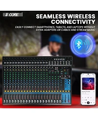 5 Core Dj Audio Mixer 24 Channel Stereo Sound Board w 256 effects Usb Bluetooth 48V Phantom Power