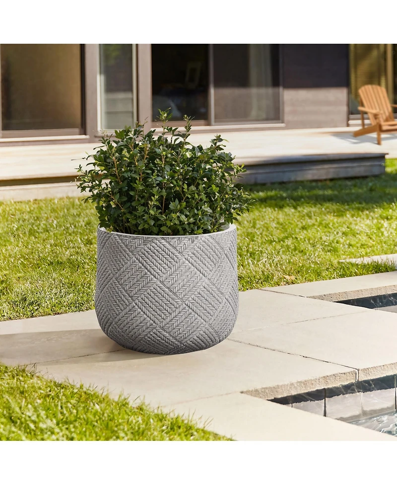 LuxenHome Misty Gray Glen Pattern 11.8-Inch Tall MgO Round Planter, Indoor and Outdoor