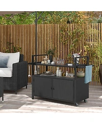 Outdoor Bar Cart Wicker Buffet Serving Cart with Cabinet and 8 Hooks