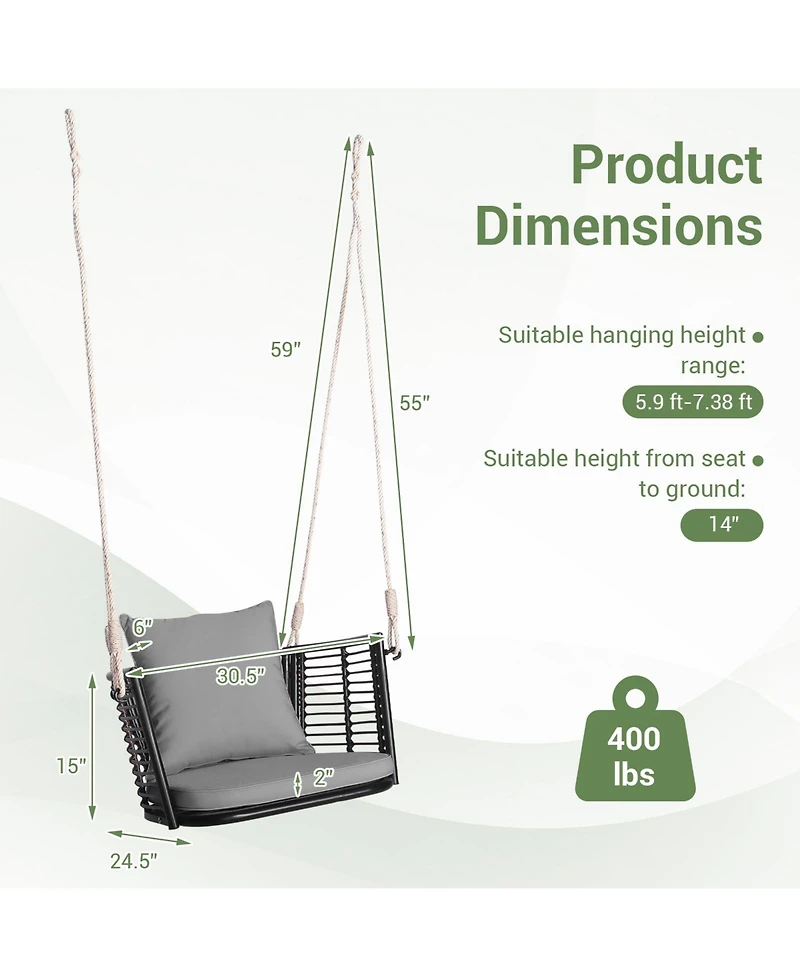 Single Person Hanging Seat with Woven Rattan Backrest for Backyard