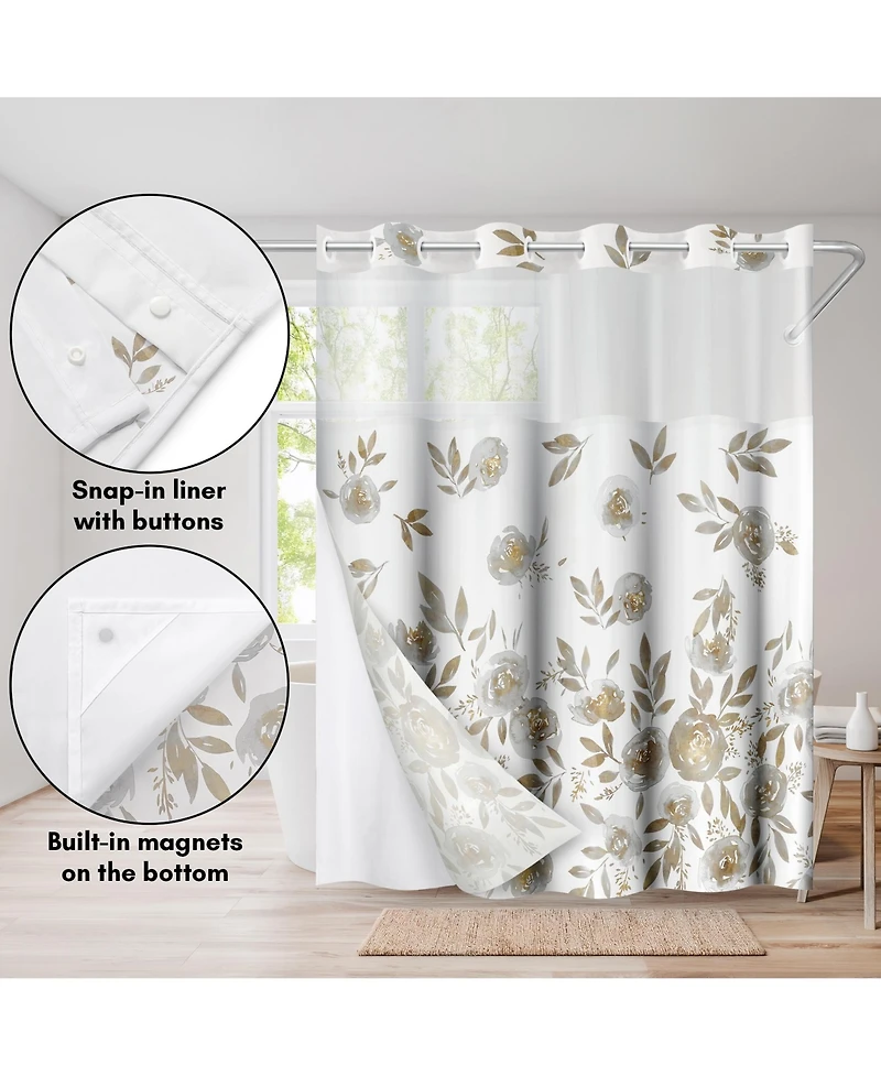 Americanflat 72x75 Hookless Shower Curtain - Floral Gold Grey Shower Curtain with Sheer Panel, Snap-In Liner, and Grommets - 100% Polyester
