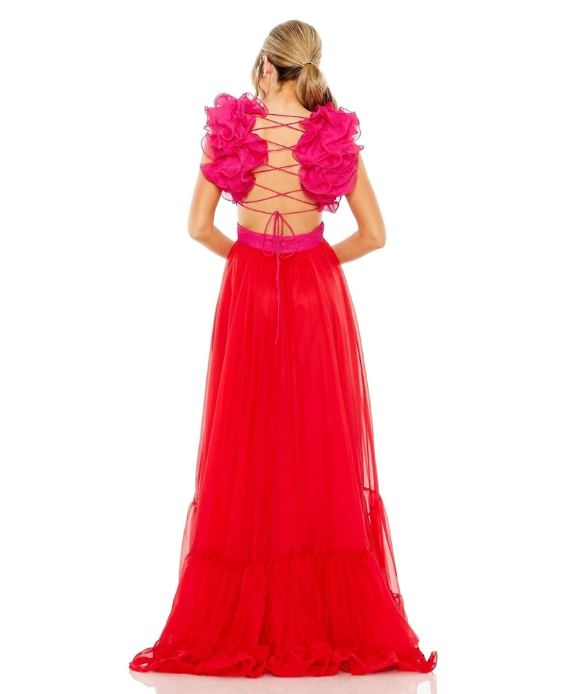 Mac Duggal Women's Ruffle Tiered Cut Out Lace Up Chiffon Gown