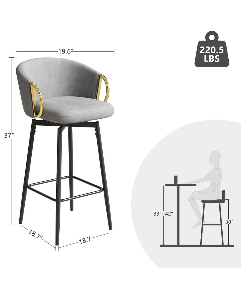 Set of 2 30 Inch Swivel Bar Stools with Upholstered Seats and Metal Legs Modern Counter Height Dining Chairs for Kitchen Island or Restaurant Use-The