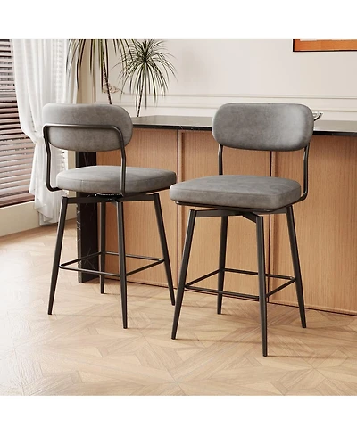 Set of Two Swivel Bar Stools with Leather Cushions, Metal Frame, Modern 360° Counter Height Chairs for Kitchen or Restaurant-The Pop Home