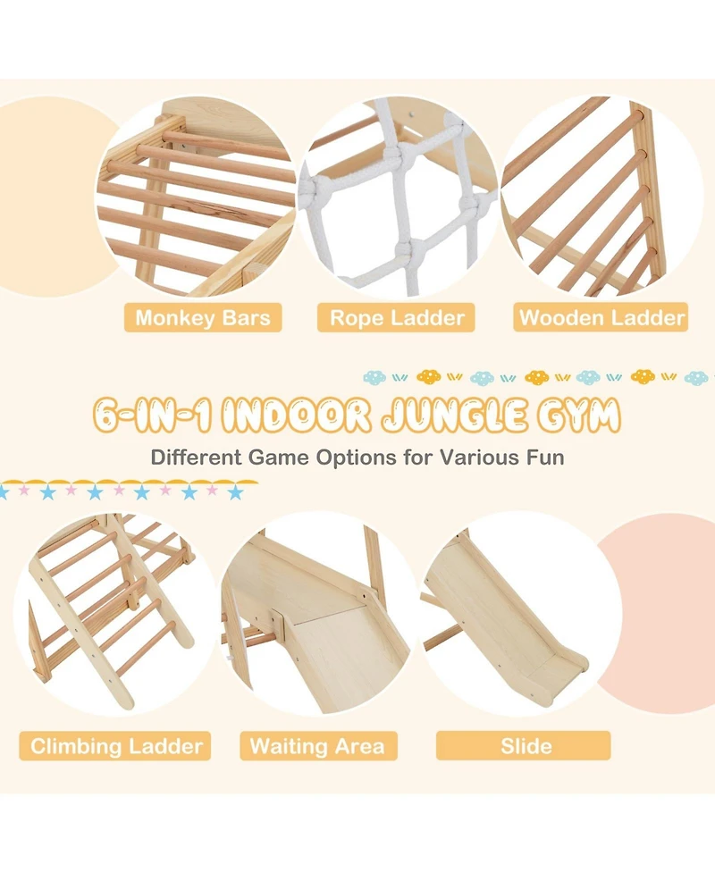 6-in-1 Indoor Jungle Gym Kids Wooden Playground with Monkey Bars