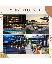 LAGarden Boho 32 Led 9Ft Wood Market Patio Umbrella with Solar Lights for Bar Hotel Resort Alfresco Dining Rooftop Restauran Navy Blue