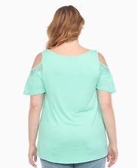 White Mark Plus Cold Shoulder Lace Trim Knit Top