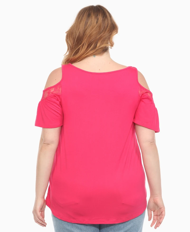 White Mark Plus Cold Shoulder Lace Trim Knit Top