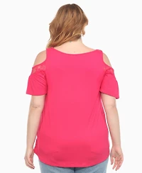 White Mark Plus Cold Shoulder Lace Trim Knit Top