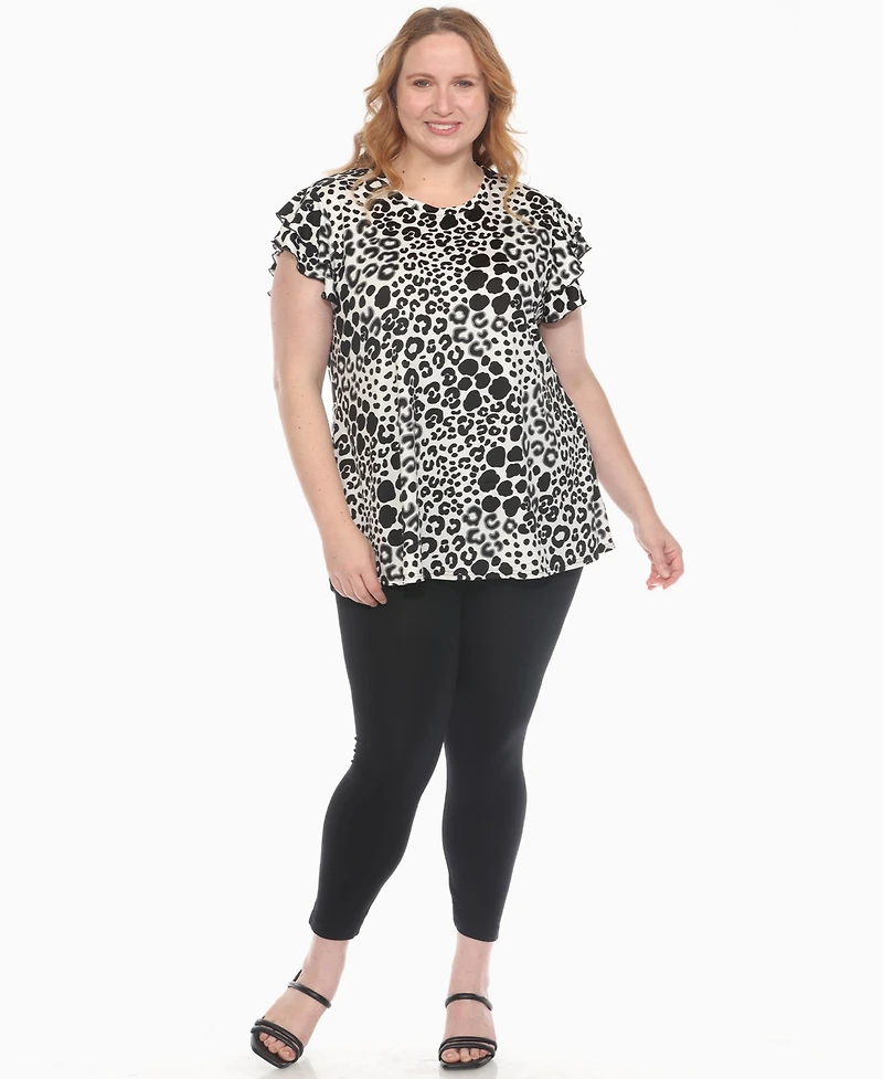 White Mark Plus Bold Leopard Print Ruffle Sleeve Top