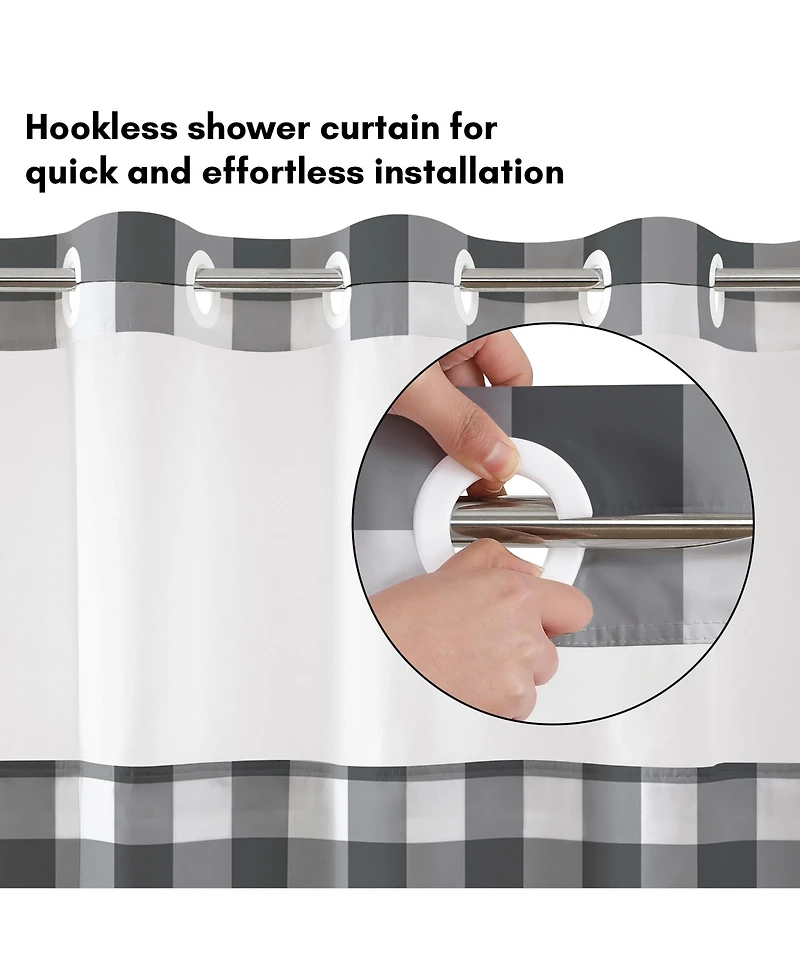 Americanflat 72x75 Hookless Shower Curtain - Gray Plaid Shower Curtain with Sheer Panel, Snap-In Liner, and Grommets - 100% Polyester
