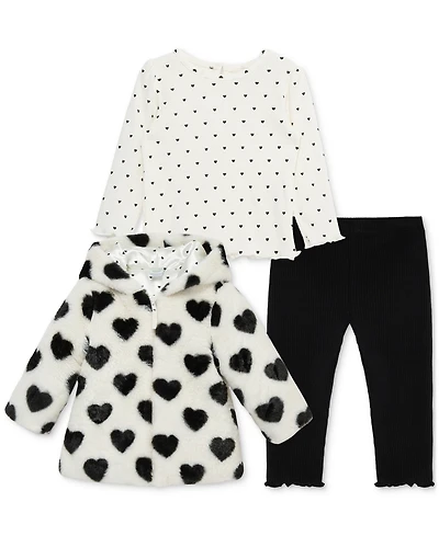 Little Me Baby Girls Hearts Faux-Fur Jacket, T-Shirt & Pants, 3 Piece Set