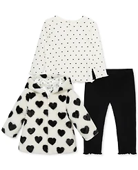 Little Me Baby Girls Hearts Faux-Fur Jacket, T-Shirt & Pants, 3 Piece Set