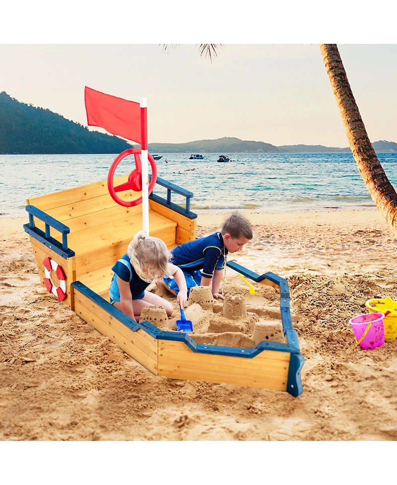 Kids Pirate Boat Wooden Sandbox Children Outdoor Playset
