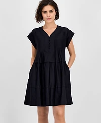 Robbie Bee Women's Short-Sleeve Pintuck Cotton Babydoll Dress