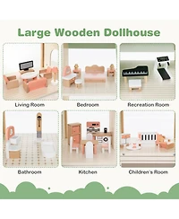 Wooden Corner Dollhouse Playset with 6 Rooms and 36 Pieces for Kids 3+ Years Old