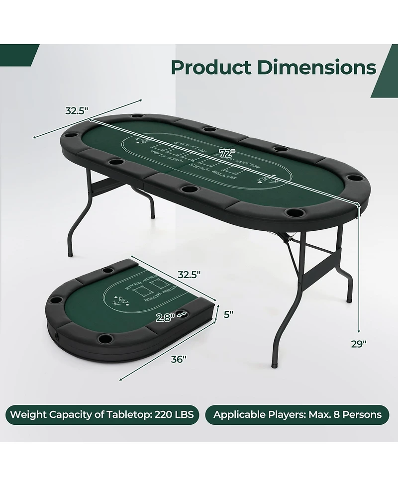 72 Inch Foldable Poker Table for 8 Players Portable Oval Card Board Game Table