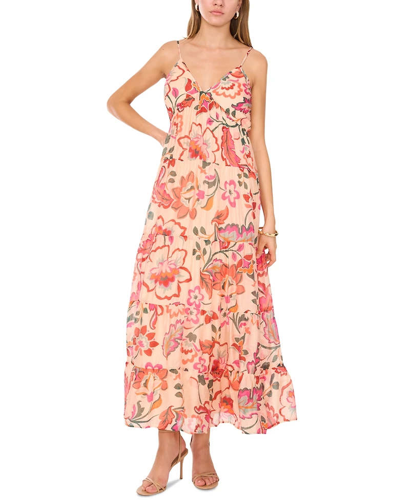 Msk Women's Printed Sleeveless Tiered Maxi Dress