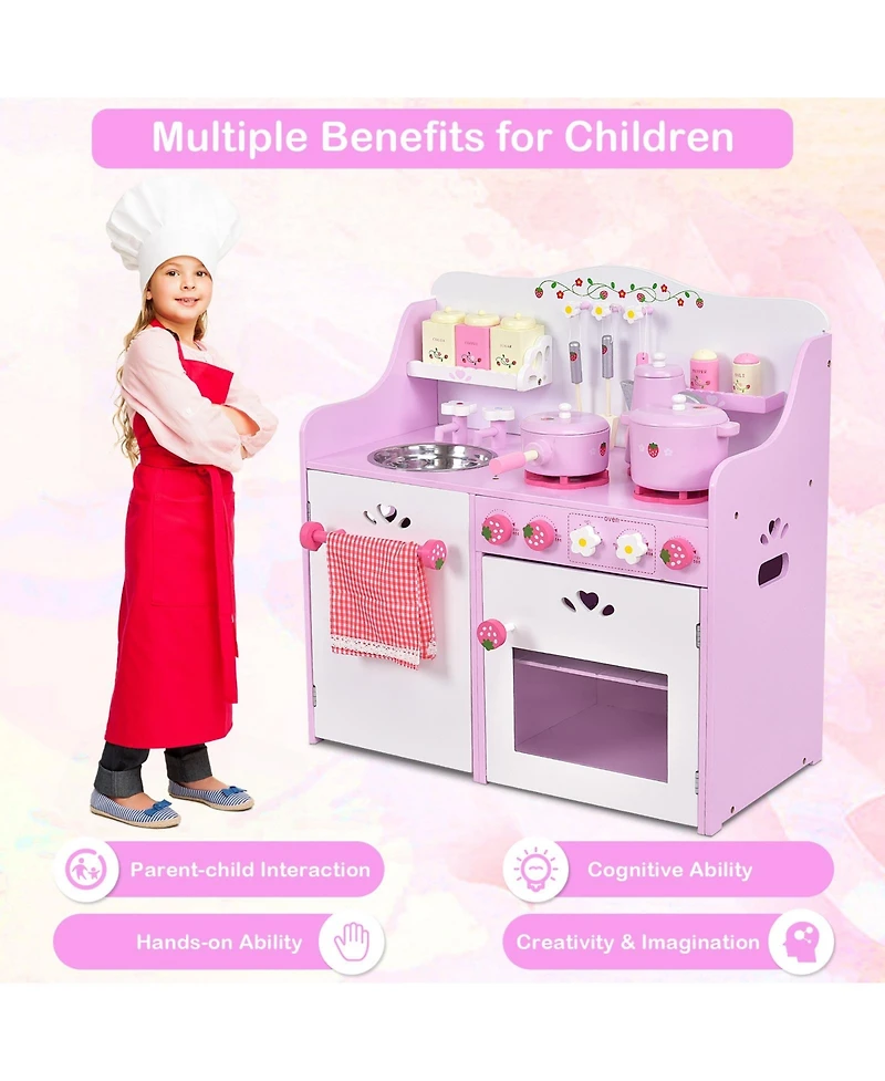 Kids Wooden Kitchen Toy Strawberry Pretend Cooking Playset