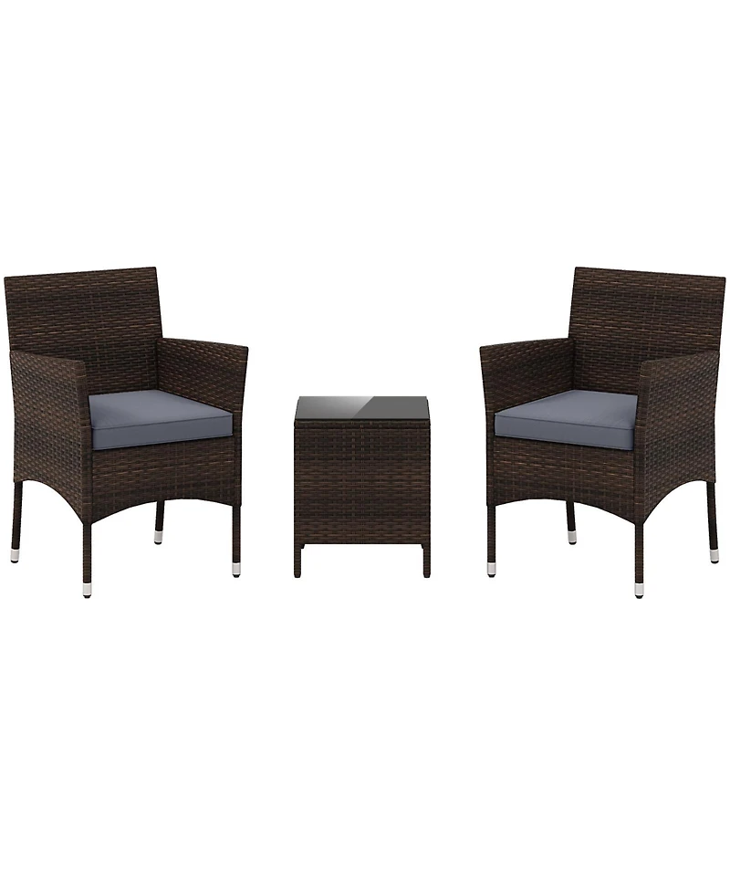 3 Pieces Outdoor Conversation Set with Cushioned Seat and Glass Tabletop