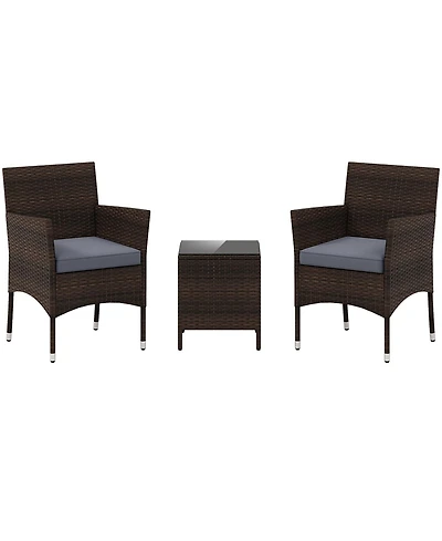 3 Pieces Outdoor Conversation Set with Cushioned Seat and Glass Tabletop