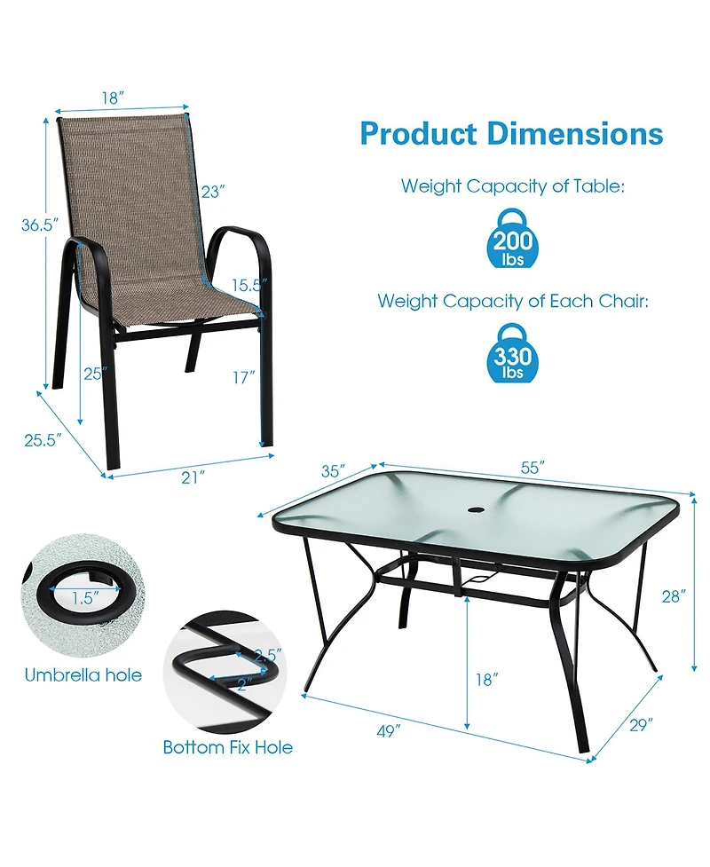 Gymax 7PCS Patio Dining Furniture Set w/ 6 Stackable Armchairs & Umbrella Hole