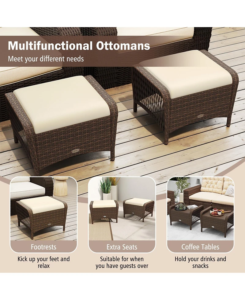Set of 2 Outdoor Patio Pe Wicker Ottomans with Removable Cushions