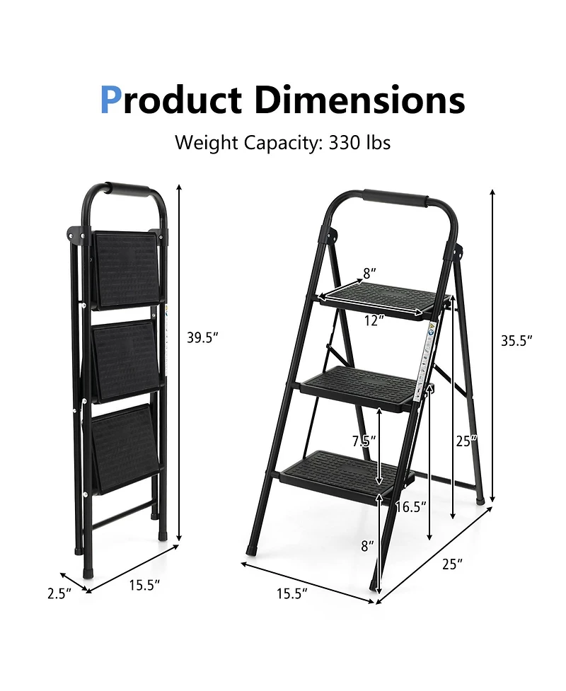 3-Step Ladder with Wide Anti-Slip Pedal-3-Step
