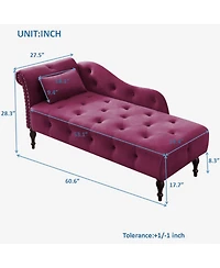 60 Inch Velvet Tufted Chaise Lounge with Nailhead Trim Solid Wood Legs and Pillow for Living Room Bedroom Reading or Relaxing-The Pop Home