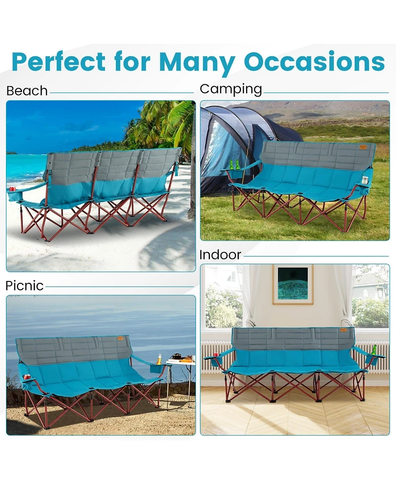 3 Person Folding Camping Chair with 2 Cup Holders Cotton Padding & Storage Bag