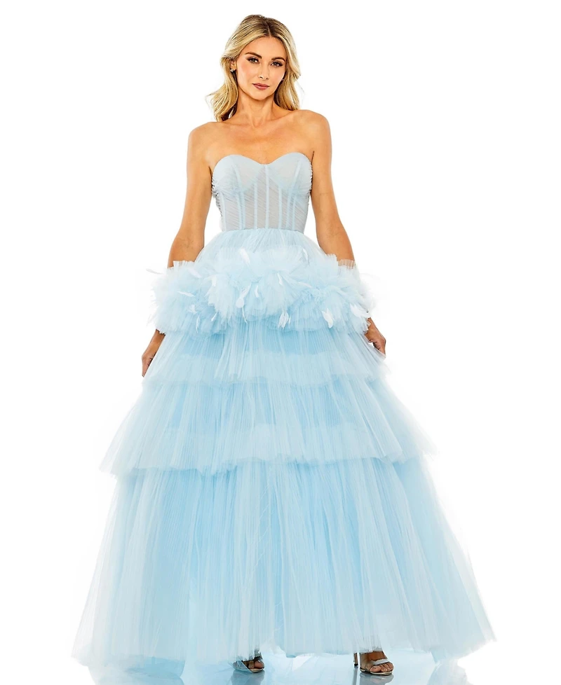 Mac Duggal Women's Strapless Tulle Gown with Feather Detail