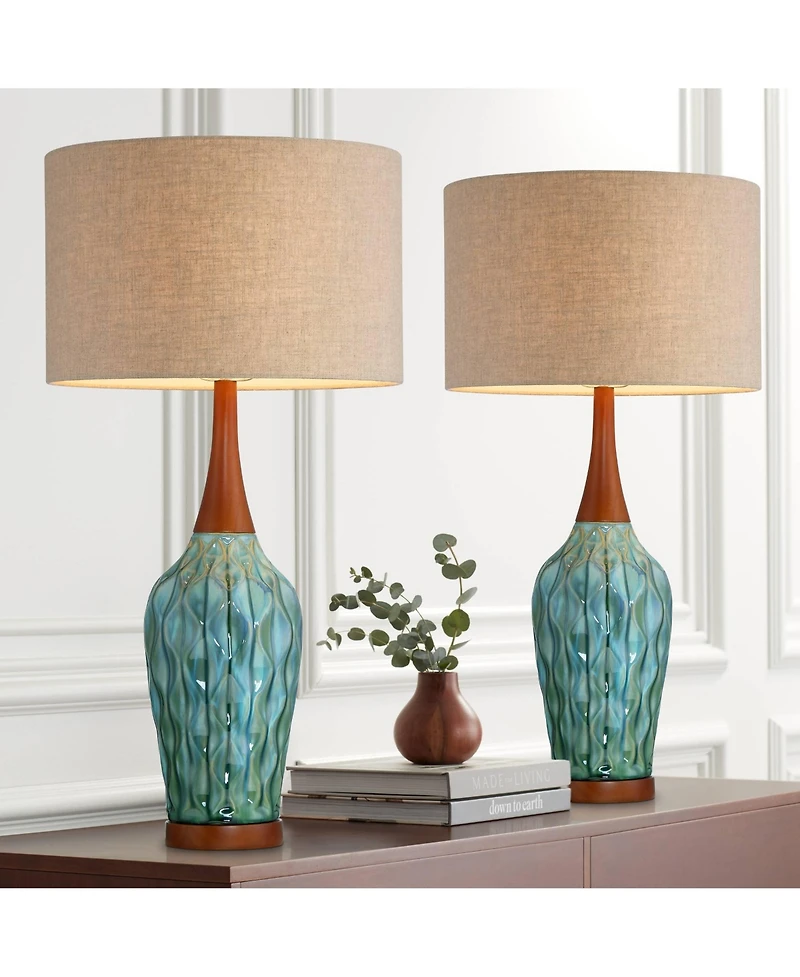 360 Lighting Rocco Modern Mid Century Table Lamps 30" Tall Set of 2 Blue Teal Glaze Ceramic Linen Drum Shade for Bedroom Living Room Nightstand H