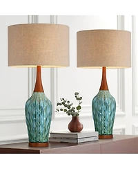 360 Lighting Rocco Modern Mid Century Table Lamps 30" Tall Set of 2 Blue Teal Glaze Ceramic Linen Drum Shade for Bedroom Living Room Nightstand H