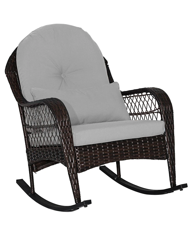 Patio Rattan Rocking Chair with Seat Back Cushions and Waist Pillow