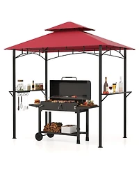 Outdoor Double-Tiered Grill Gazebo Canopy with 2 Shelves and 7 Hooks-Red