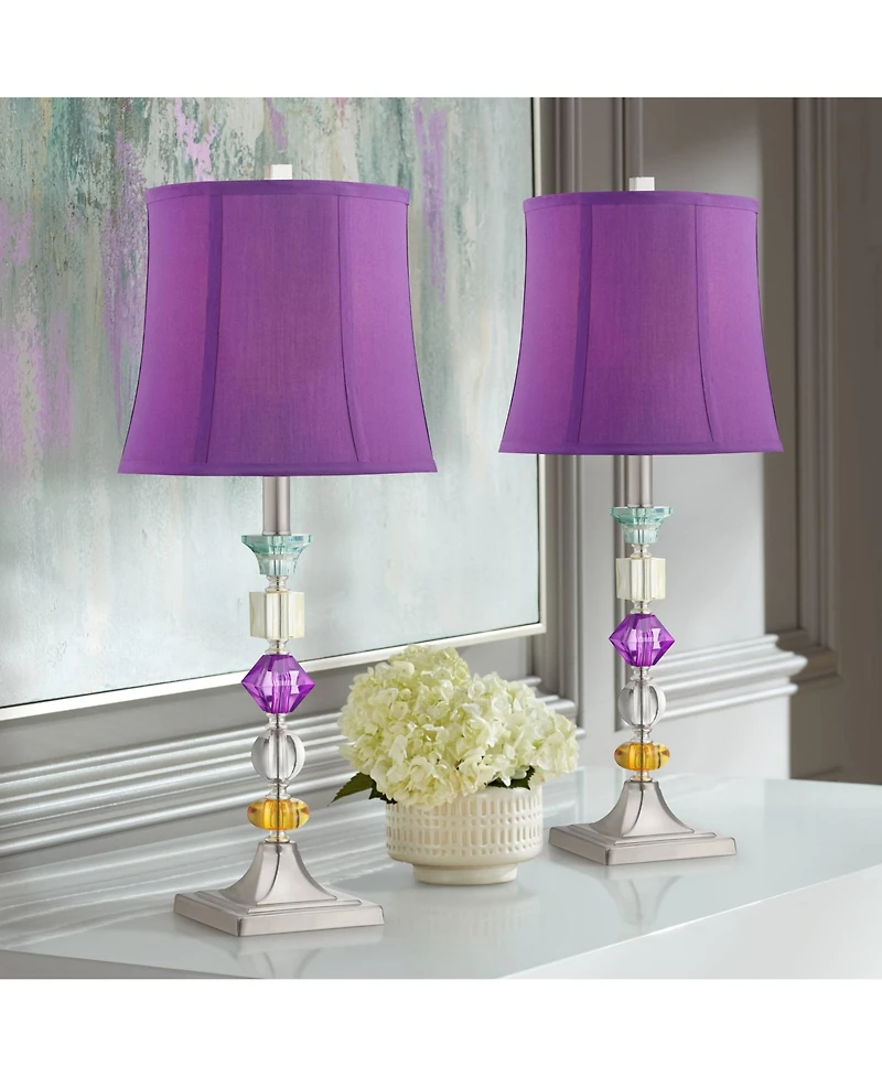 Bijoux Modern Chic Bohemian Table Lamps 25.5" High Set of 2 Brushed Nickel Multi Colored Stacked Acrylic Gem Purple Drum Shade for Kids Girls Roo