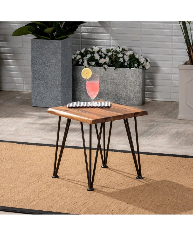 18 Inch Rustic Industrial Accent Table & Side Table for Patio, Acacia Wood Top, Iron Legs