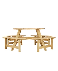 70 in. Natural Light Brown wood 8-Person Round Wooden Outdoor Picnic Table with 4 Built-in Benches and Umbrella Hole