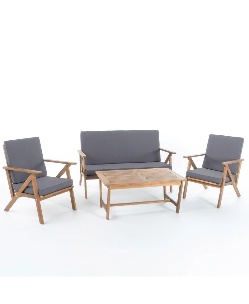 4-Piece Wood Patio Conversation Set with Gray Cushions