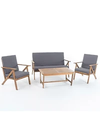 4-Piece Wood Patio Conversation Set with Gray Cushions