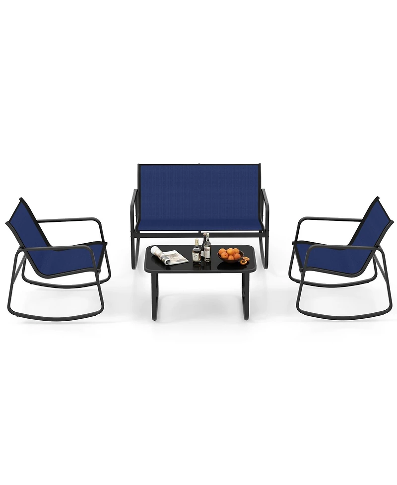 4 Piece Patio Rocking Set with Glass-Top Table-Navy