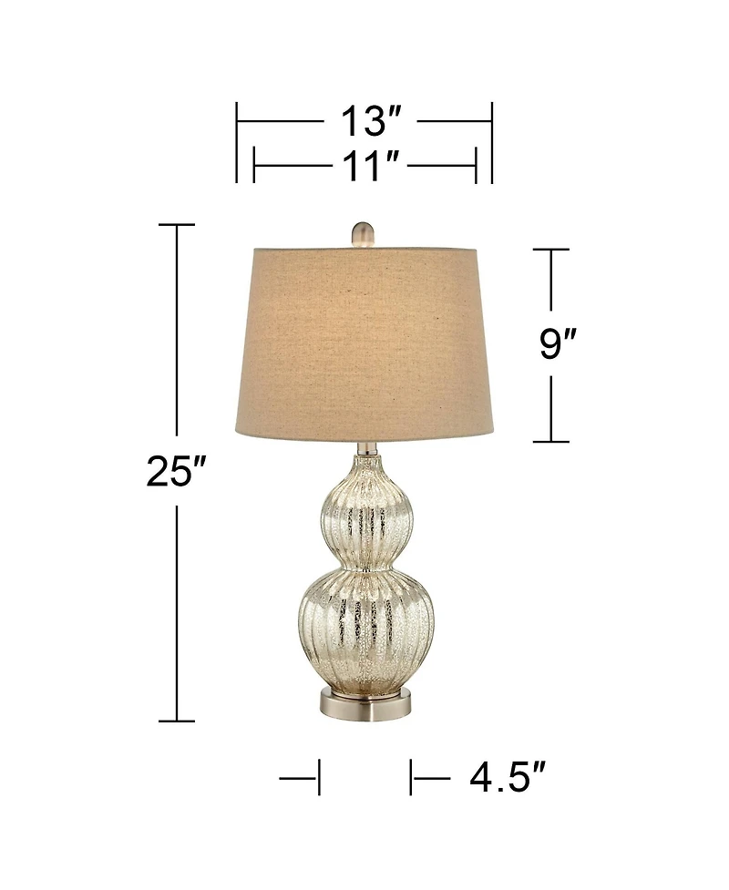 Regency Hill Lili Country Cottage Table Lamps 25" High Set of 2 Fluted Mercury Glass Double Gourd Beige Drum Shade for Bedroom Living Room Bedsid