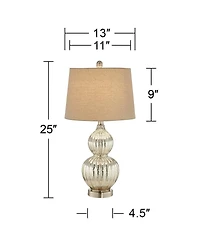 Regency Hill Lili Country Cottage Table Lamps 25" High Set of 2 Fluted Mercury Glass Double Gourd Beige Drum Shade for Bedroom Living Room Bedsid