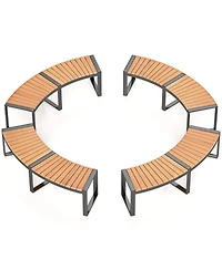 Patio Curved Bench with Slatted Seat and Metal Legs-2 Pieces