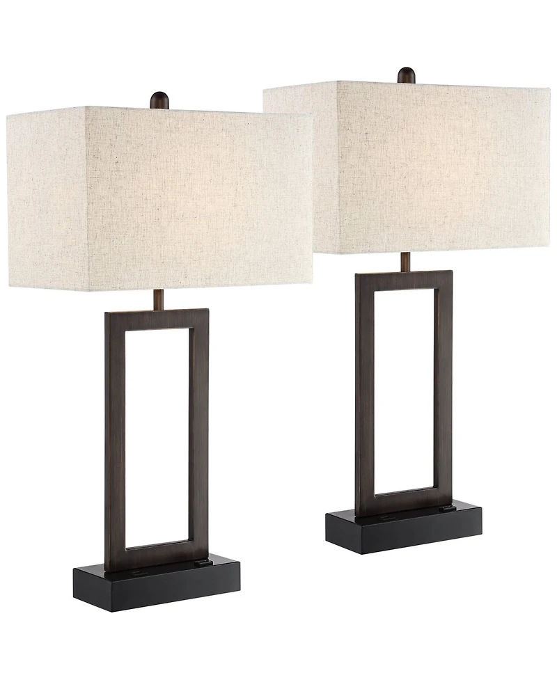 360 Lighting Todd Modern Table Lamps 30" Tall Set of 2 Bronze with Usb and Ac Power Outlet in Base Oatmeal Shade for Bedroom Living Room Bedside